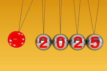 New Year concept. Spheres of Newton with 2025 Sign. 3d Rendering