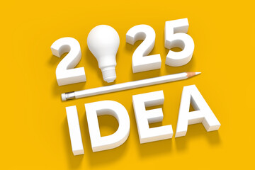 New Year 2025 White Sign with Idea Bulb, Idea Sign and White Pencil. 3d Rendering