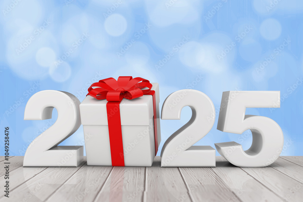 Poster 2025 new year sign with gift box and red ribbon. 3d rendering