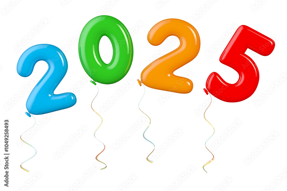 Poster multicolour balloons as 2025 new year sign. 3d rendering