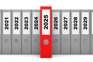 Office Folders with New Year 2025 Sign. 3d Rendering