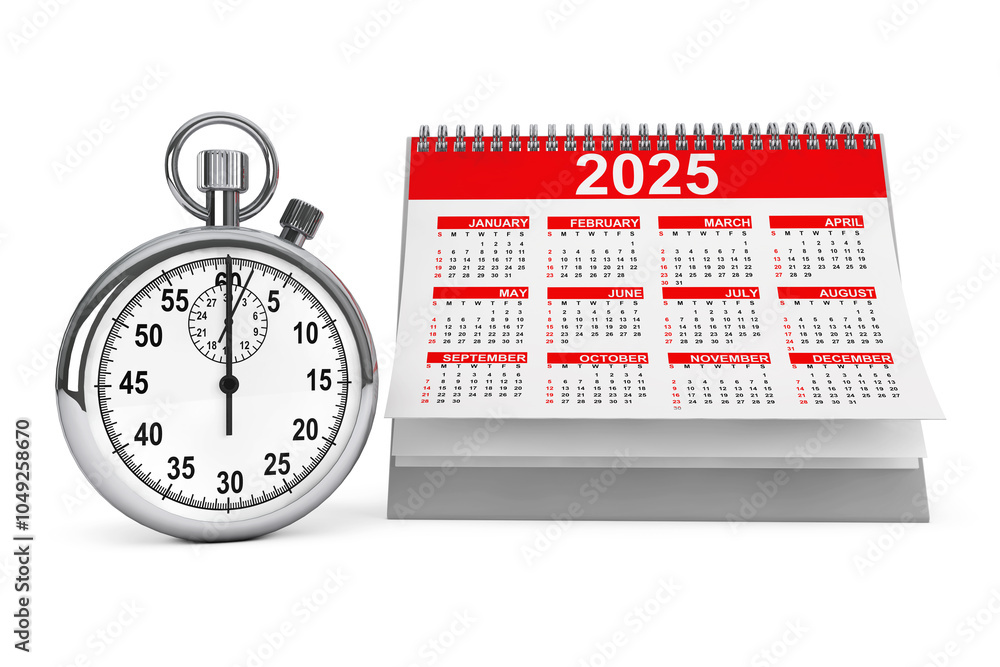 Aufkleber 2025 year calendar with stopwatch. 3d rendering