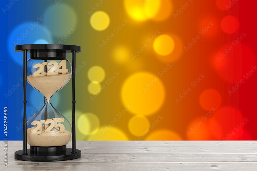 Aufkleber new 2025 year concept. sand falling in hourglass taking the shape from 2024 to 2025 year. 3d renderi