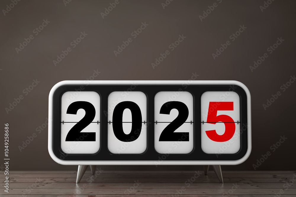 Poster retro flip clock with 2025 new year sign. 3d rendering
