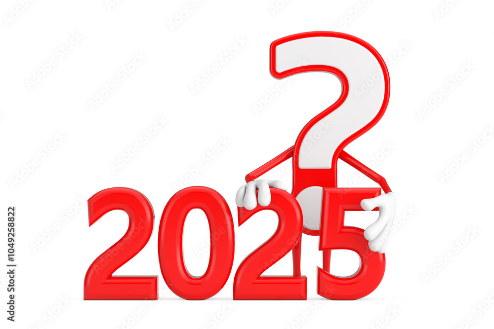Poster Question Mark Sign Cartoon Character Person Mascot with Red 2025 New Year Sign. 3d Rendering