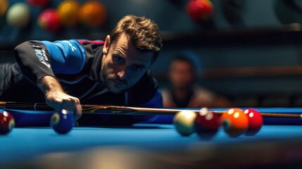 Focused Billiard Player Taking Aim at Balls on a Blue Felt Table