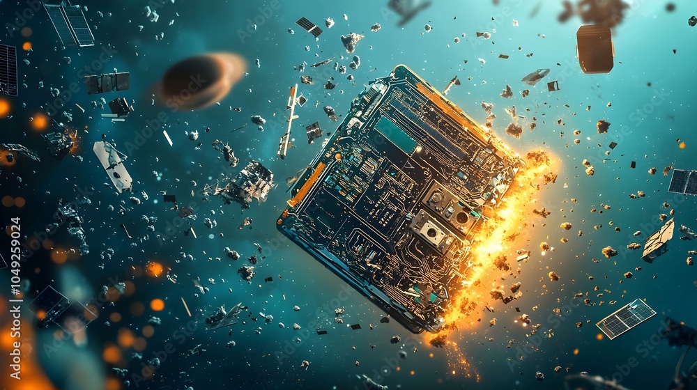 Poster Tiny Fragments of Space Debris Colliding with Satellite Panel in Orbit Causing Damage and Destruction in the Cosmos