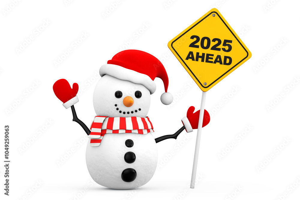Aufkleber snowman with 2025 new year ahead sign. 3d rendering
