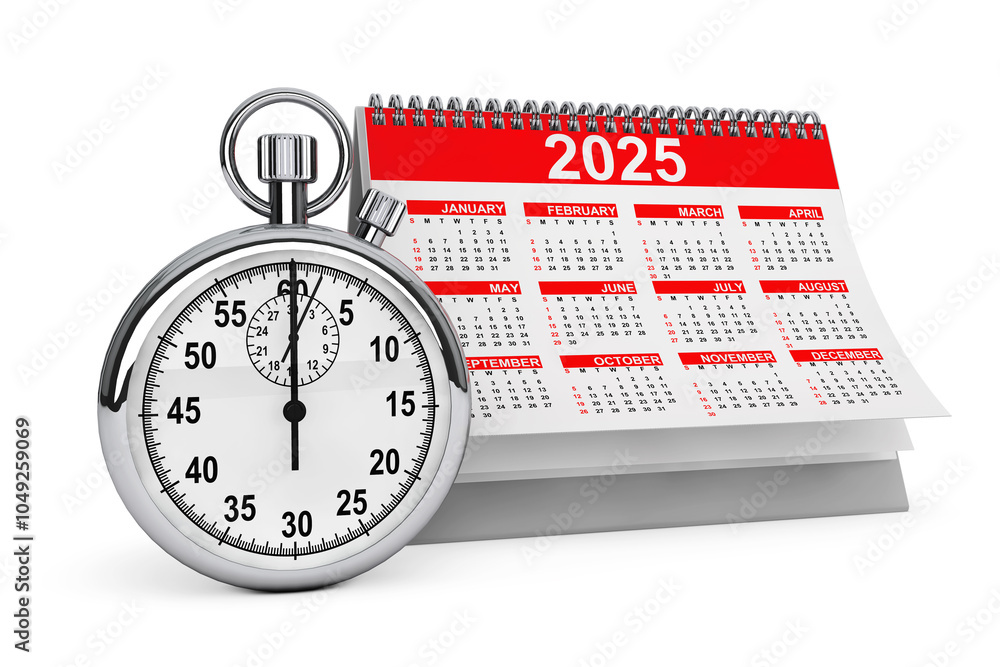 Aufkleber 2025 year calendar with stopwatch. 3d rendering