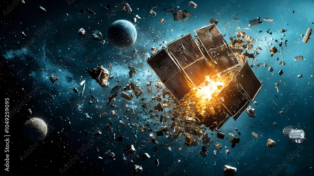 Poster tiny fragments of space debris colliding with a satellite panel in the vast expanse of outer space