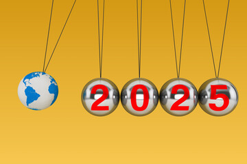 New Year concept. Spheres of Newton with Globe Earth and 2025 sign. 3d Rendering