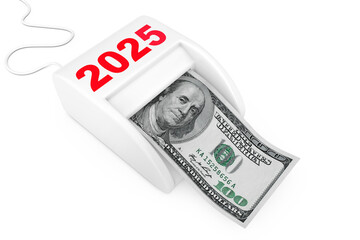 Make Money in 2025 New Year Concept. Money Maker 2025 New Year Machine with Dollars Banknote. 3d...