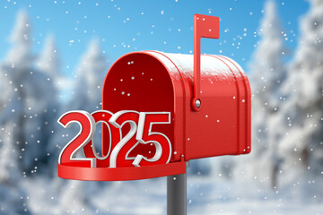 Red Happy New Year 2025 Sign in Christmas Mailbox or Letter Box. 3d Rendering