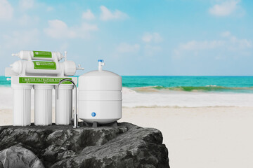 Obraz premium White Water Filtration System with Five Stages of Filtration, with Tank and Faucet on Rock. 3d Rendering
