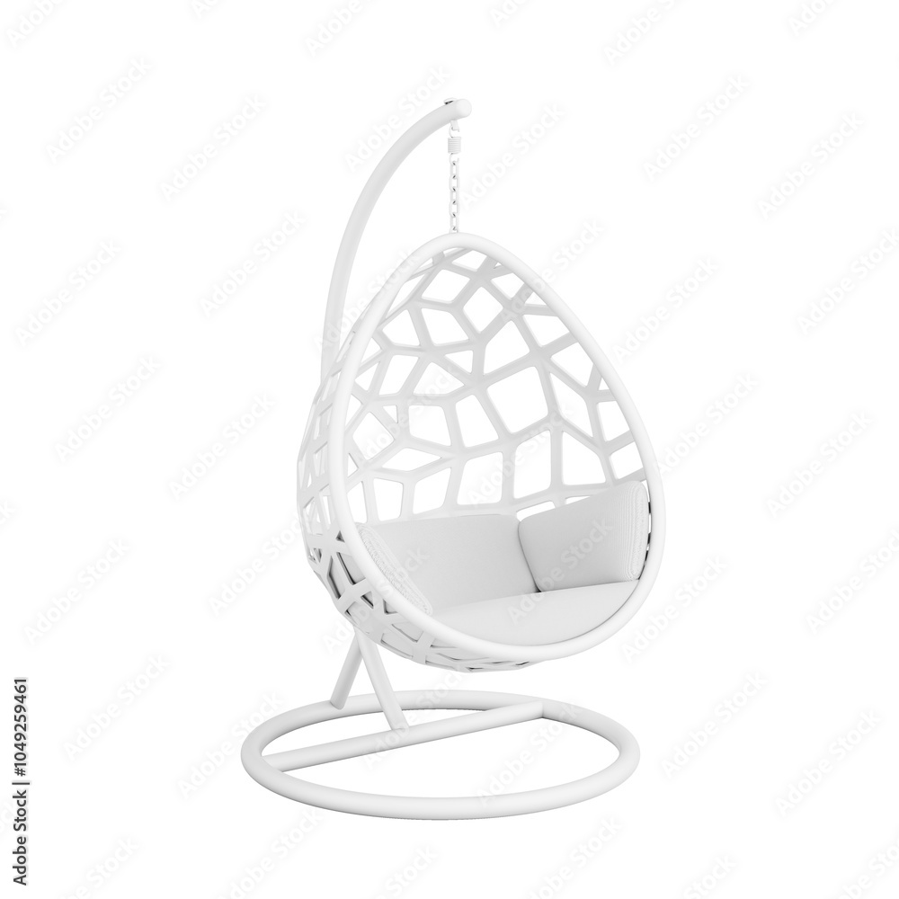 Poster white modern hanging chair in the shape of an egg with a frame and cushion in clay style. 3d renderi