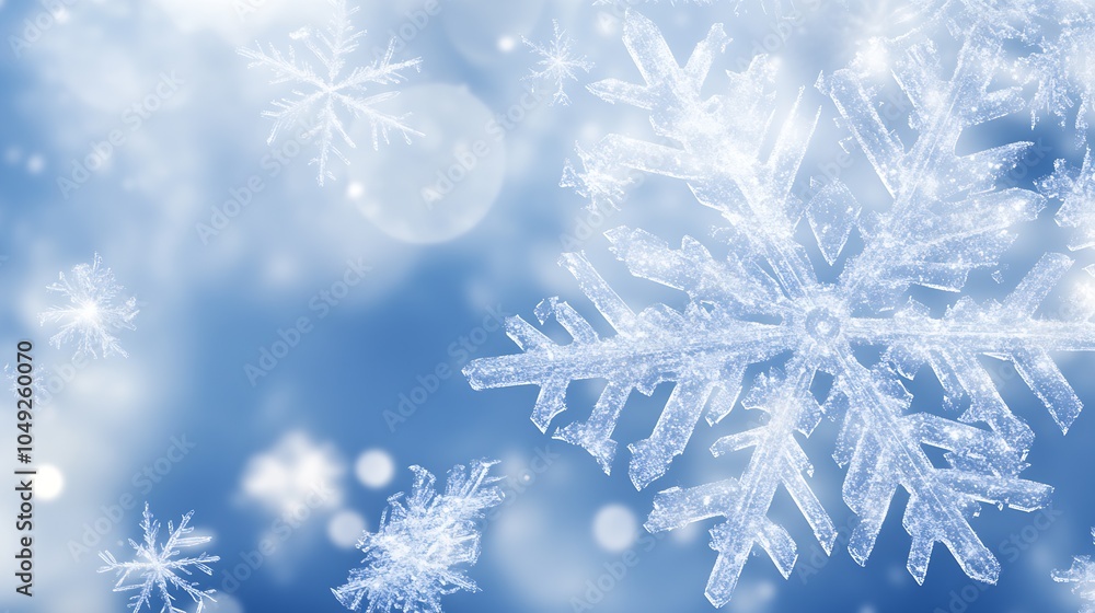 Aufkleber Detailed Closeup of Realistic Snowflake Crystals on Blue Background with Bokeh Effect : Generative AI