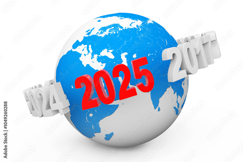 Poster New Year Concept. 3d number 2025 around Earth Globe. 3d Rendering