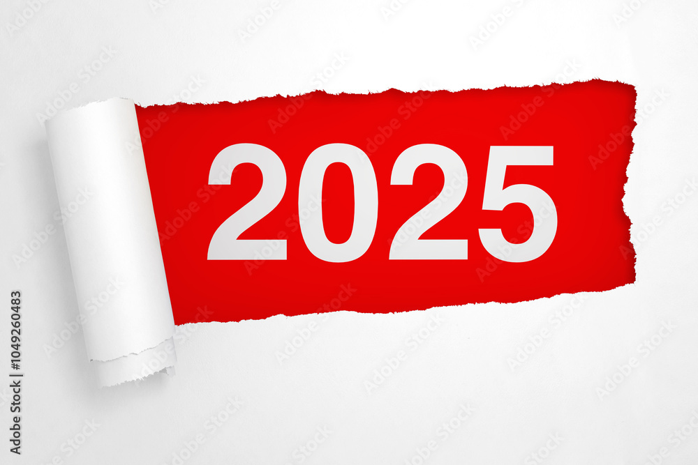 Poster 2025 new year sign in the hole of torn white paper. 3d rendering