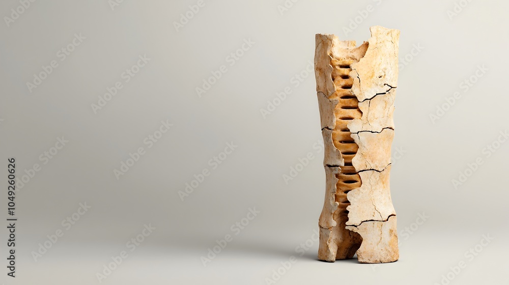 Poster Upright Spinosaurus Spine Fossil Displayed in Museum Setting with Plain Background Showcasing the Prehistoric Creature s Unique Vertebral Structure and Paleontological Significance