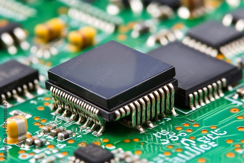 Poster Macro shot of a silicon microchip placed on a green electronic circuit board : Generative AI