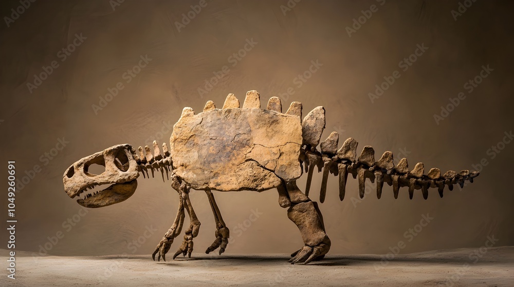 Poster Upright display of a remarkable Stegosaurus plate fossil showcasing its intricate texture and prehistoric details