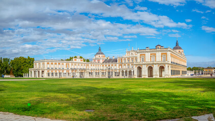 Panoramic view of the Main facade of the Royal Palace of Aranjuez, located in Aranjuez, Madrid,...