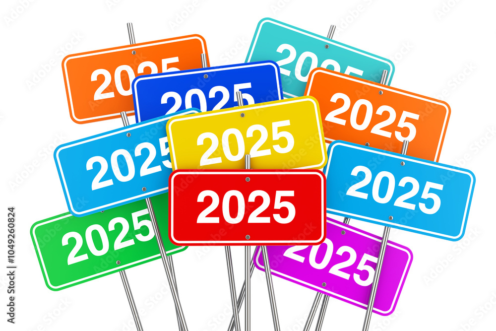 Aufkleber 2025 new year color signs. 3d rendering