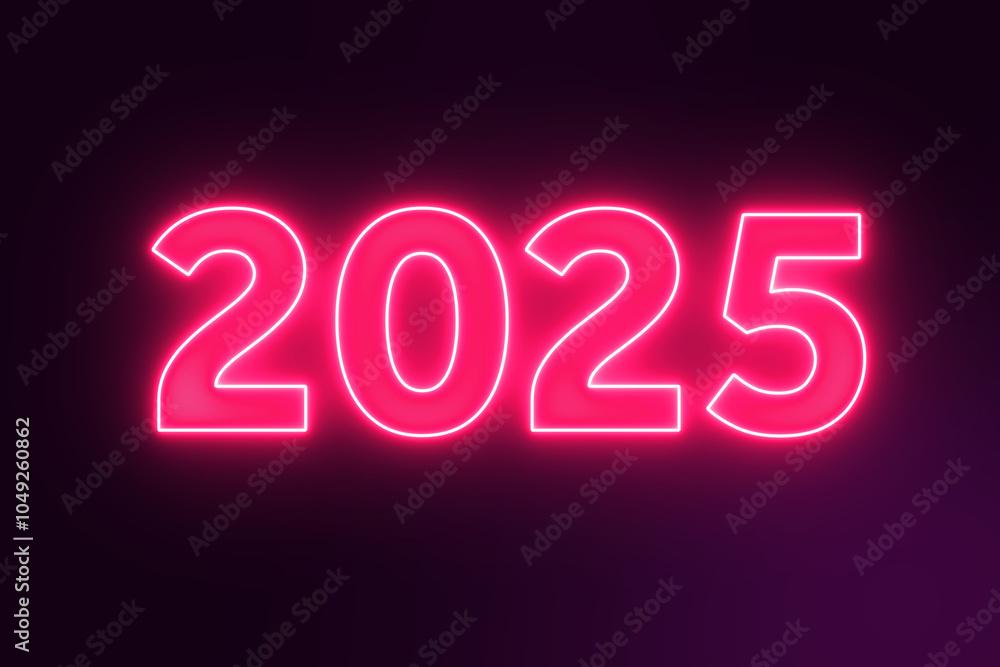 Aufkleber 2025 new year neon text closeup. 3d rendering