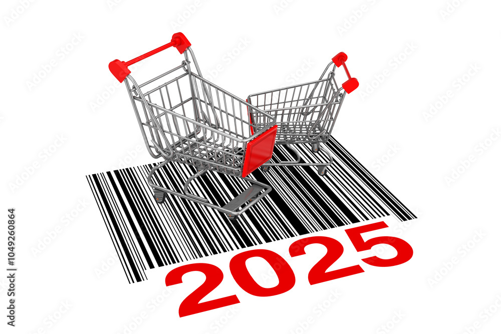 Fototapete two empty shopping carts over abstract bar code with new 2025 year sign. 3d rendering