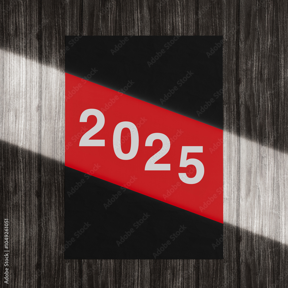 Poster a red 2025 new year sign with a bright white stripe of light crossing the image. 3d rendering