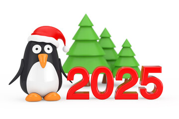 Naklejka premium Green Trees and Cartoon Penguin Character with Santa Hat near 2025 New Year Sign. 3d Rendering