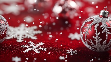 Red Christmas Ornaments and Snowflakes on Glittery Red Background : Generative AI