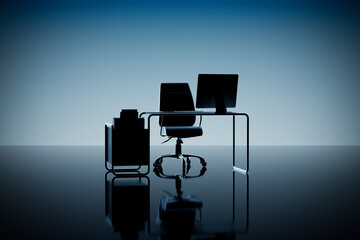 Empty Office Desk with a Chair and Monitor in Backlight, in Front of a Blue Wall. 3d Rendering