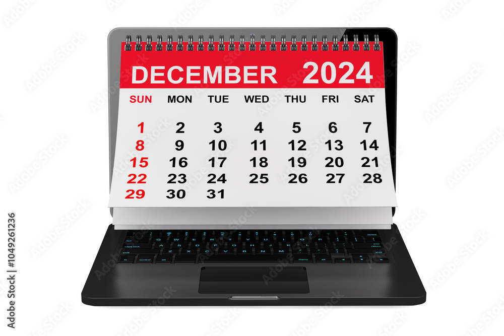 Aufkleber 2024 year calendar. december calendar over laptop screen. 3d rendering
