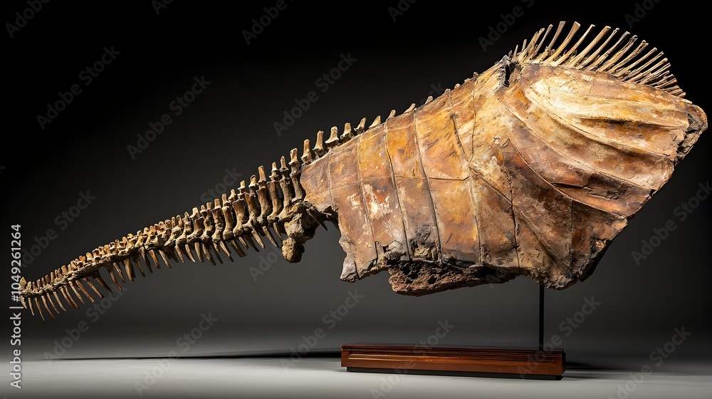 Poster Vertical Display of Fossilized Dimetrodon Spine Sail from the Jurassic Era Exhibited in a Natural History Museum Environment