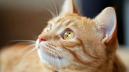 Close up of a curious ginger feline looking upwards with green eyes in soft natural lighting : Generative AI