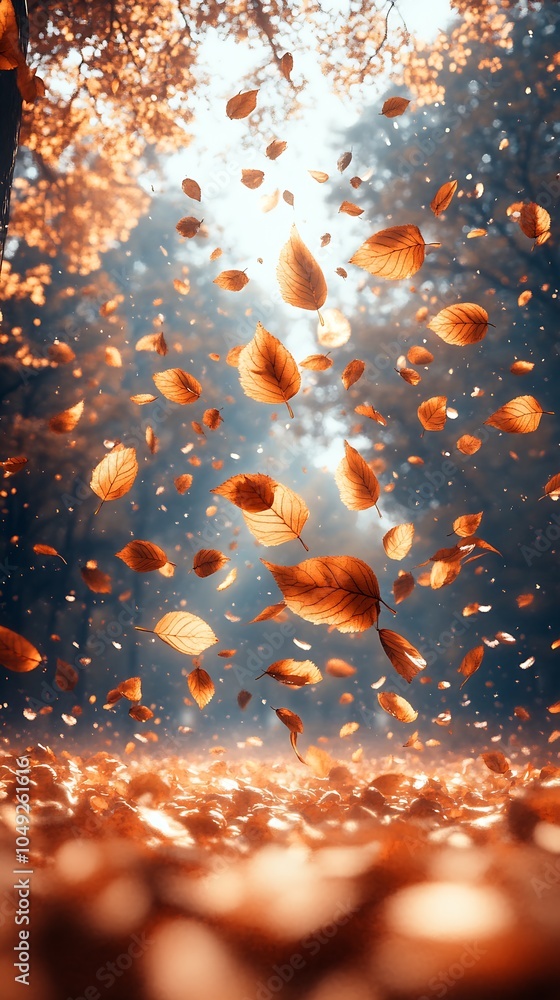 Poster autumn leaves falling in a sunlit forest creating a magical seasonal atmosphere : generative ai