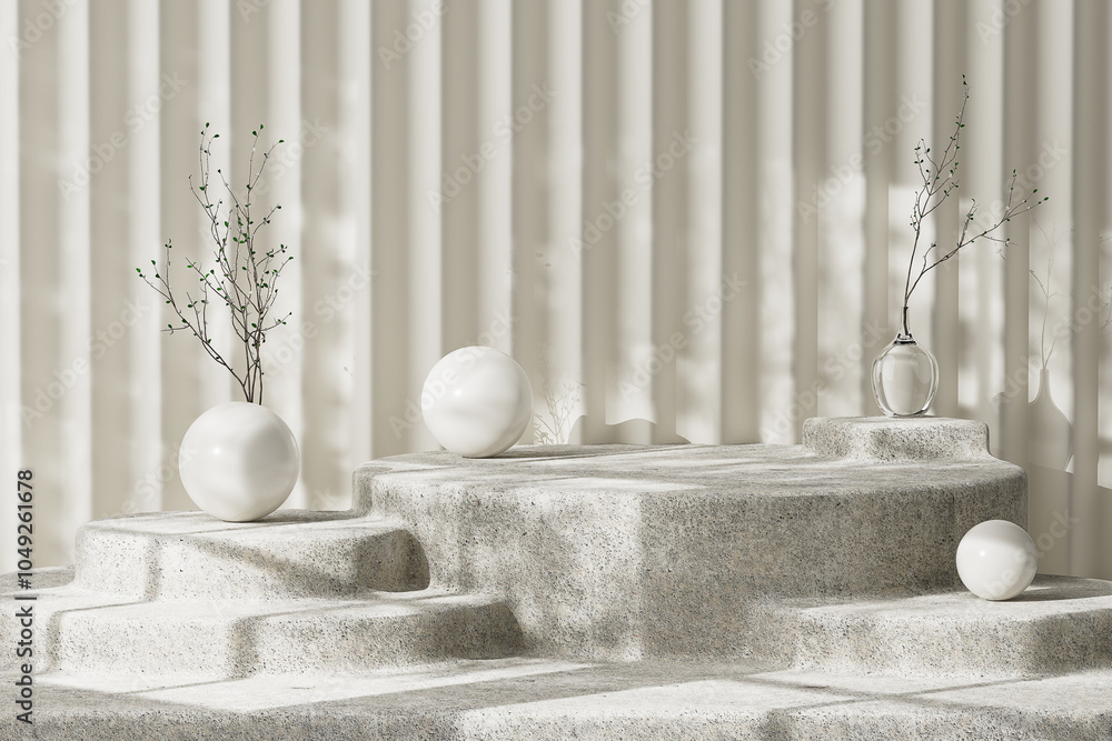Leinwandbilder minimalist white stone platform product presentation stage with vases and spheres. 3d rendering