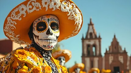 Obraz premium Vibrant Costumed Performers Taking Part in the Annual La Calaca Festival to Celebrate the Day of the Dead in the Historic Town of San Miguel de Allende Mexico