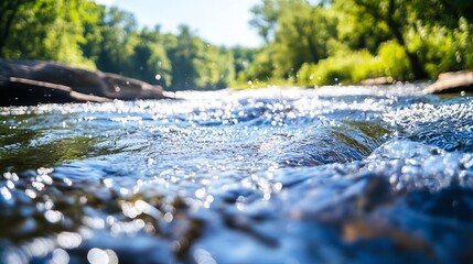 Fototapeta premium Vibrant Morning Light Reflecting on a Flowing River in a Lush Forest : Generative AI