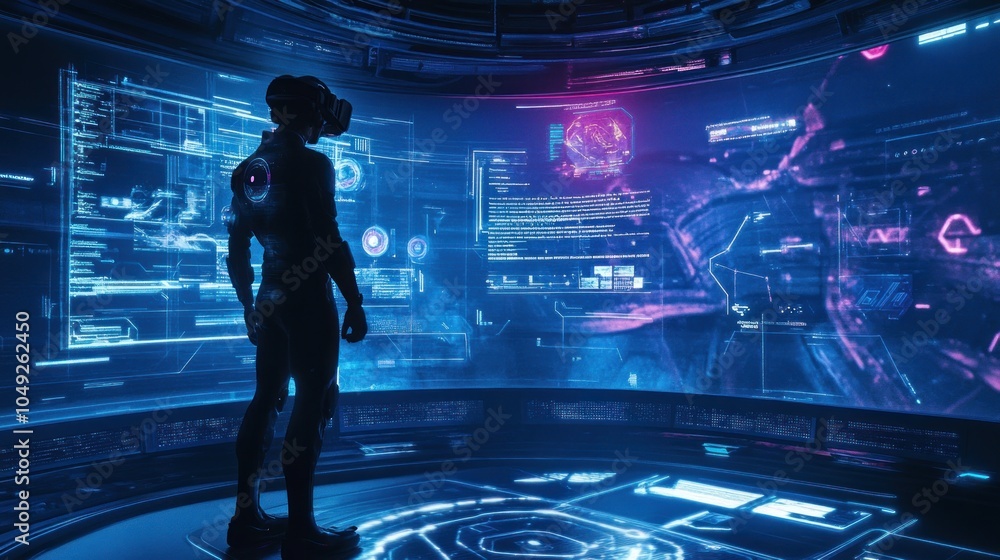 Poster a figure in a vr headset interacts with holographic data in a futuristic environment.
