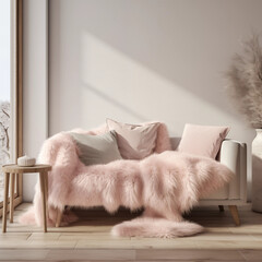 Pink Faux Fur Throw Blanket on White Sofa in Minimalist Living Room