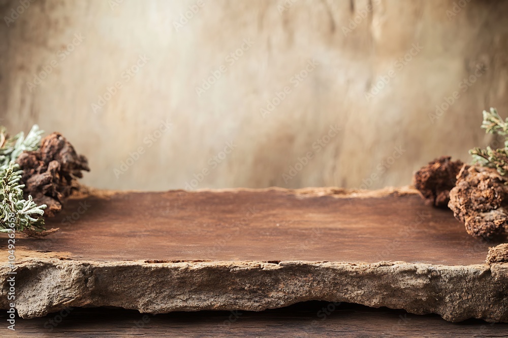 Poster rustic stone tabletop with natural plant decoration in earthtoned setting : generative ai