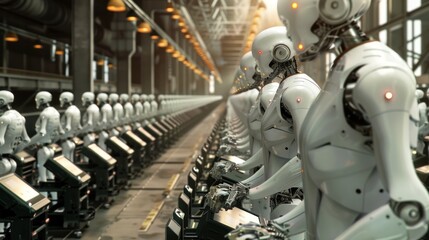 Fototapeta premium Row of Humanoid Robots Working in a Factory Setting