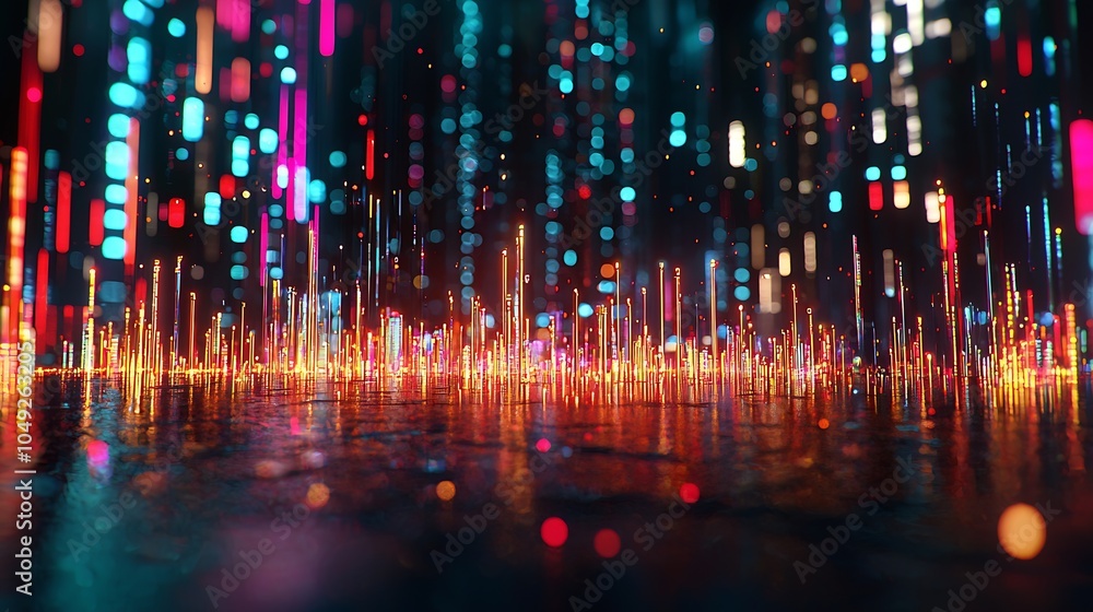 Poster vibrant digital lights in a dynamic abstract cityscape setting against a reflective surface : genera