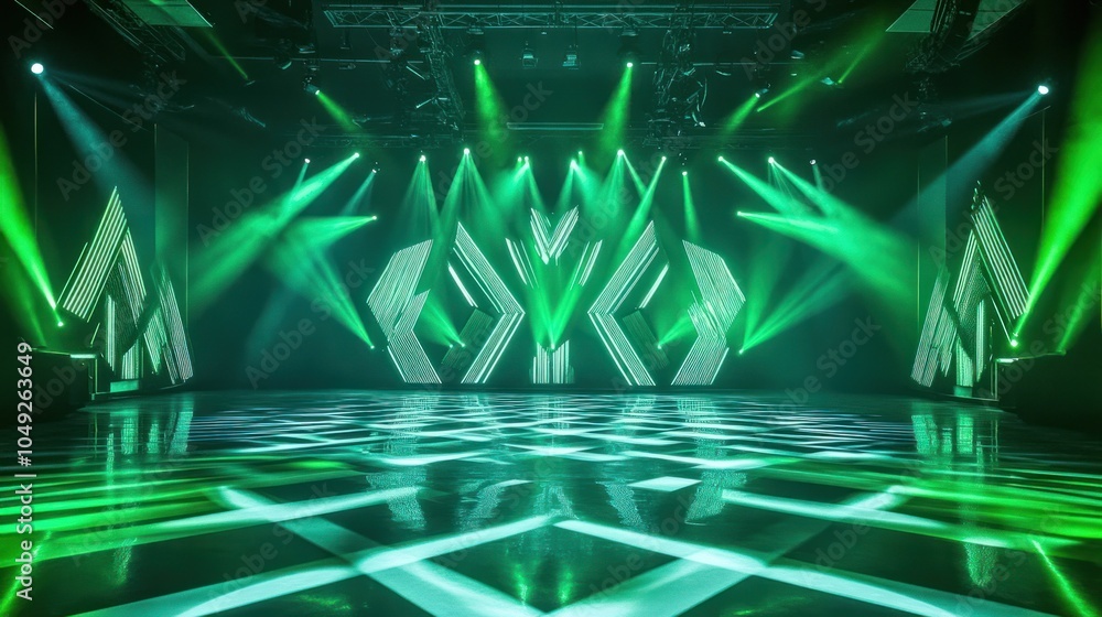 Poster a vibrant stage setup with green lights and geometric patterns for a performance event.