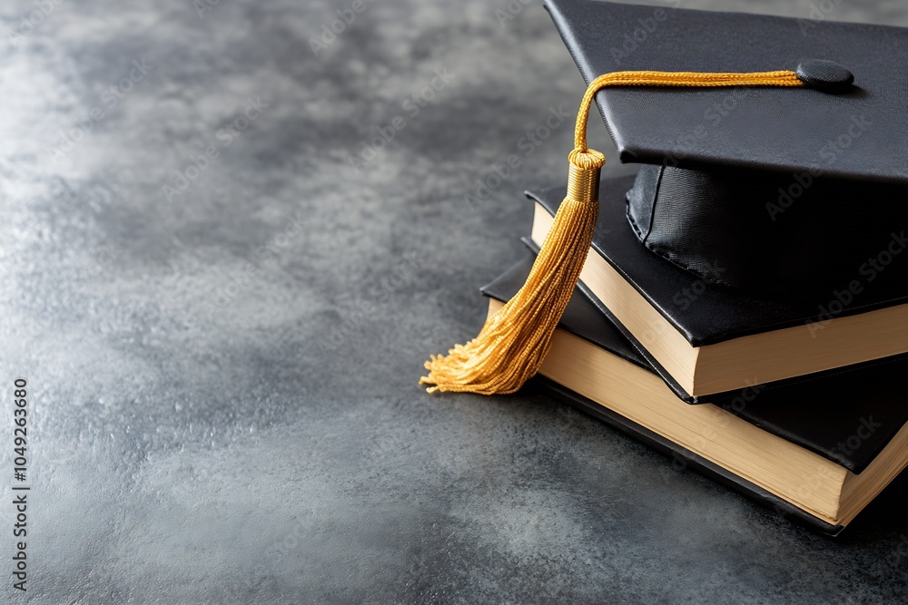 Poster elegant graduation cap on stack of books on stone background for academic themes : generative ai