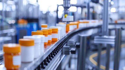 Automated Conveyor Belt System Filling Bottles with Orange Caps