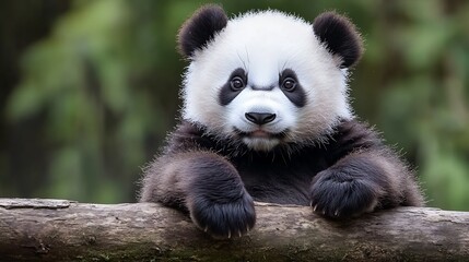 Solo Panda Cub Peeking Over Wooden Branch in Dense Forest Setting : Generative AI