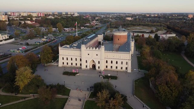 Flight above Royal castle in Lublin, "Zamek Lubelski". Medieval castle with national museum, Lublin, Poland. 4K drone view.